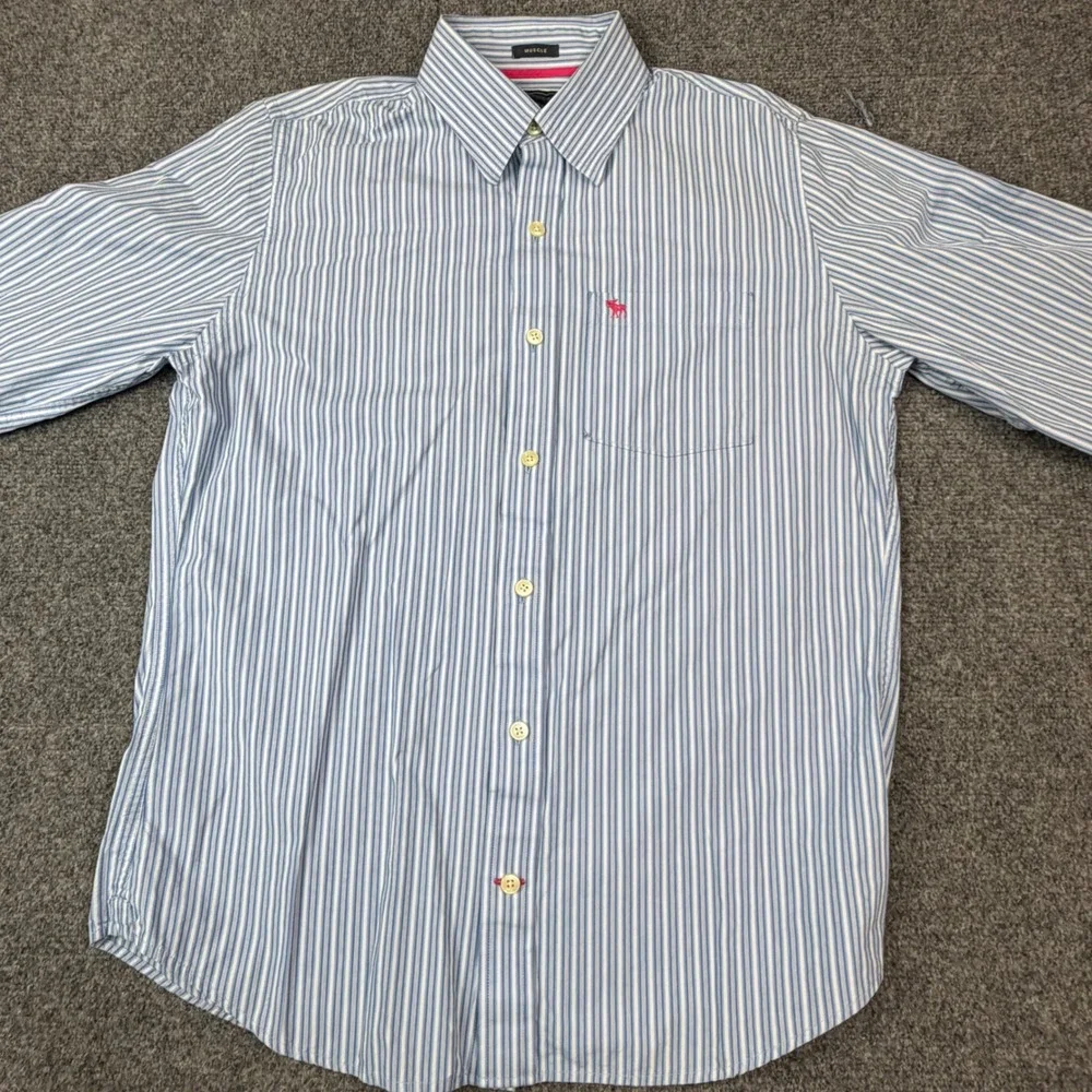 VTG Abercrombie & Fitch Men Large Muscle Fit Stripe Button Down Shirt Blue White